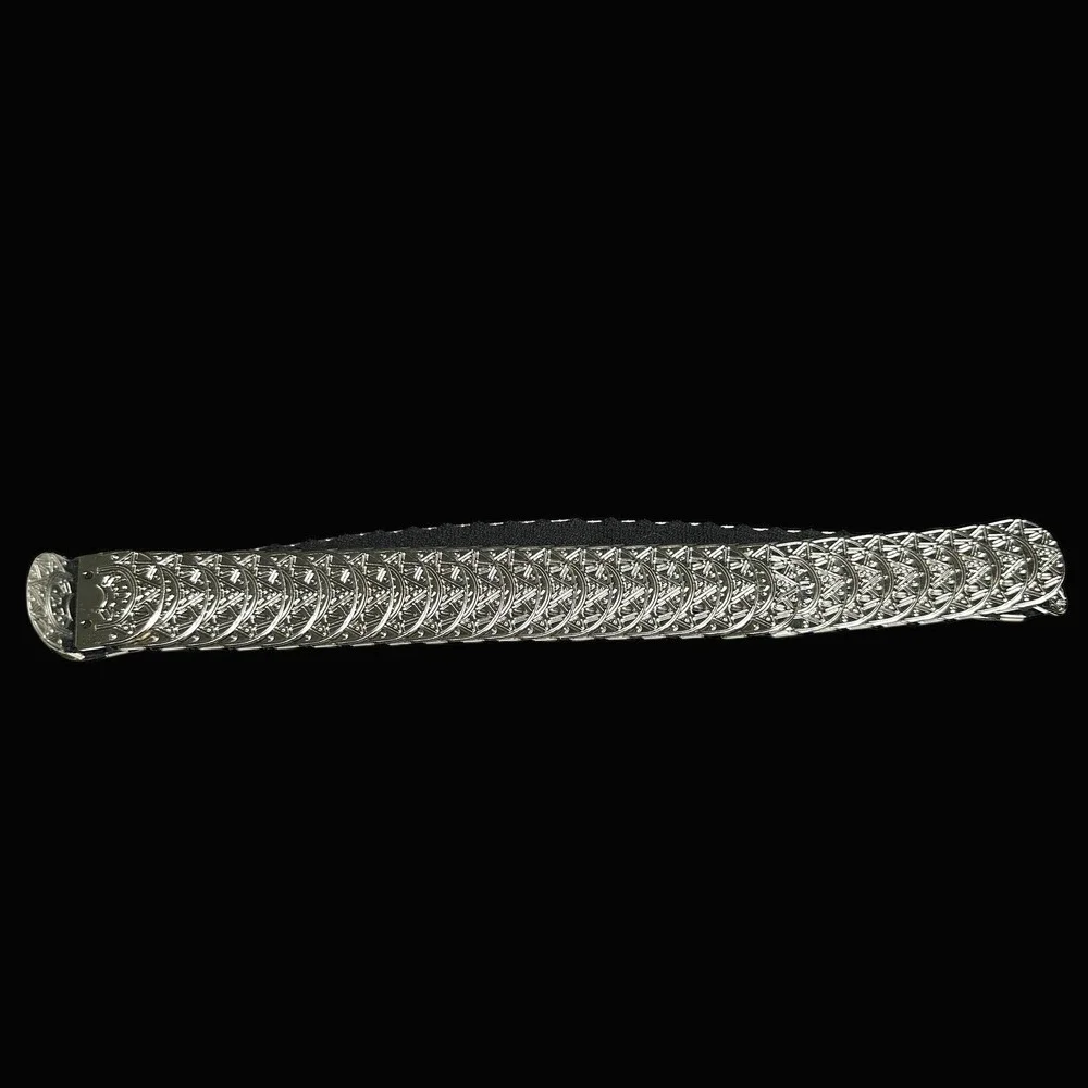 Womens‎ Ornate Coin Belt Elastic Band Silver Tone Statement Accent Vintage